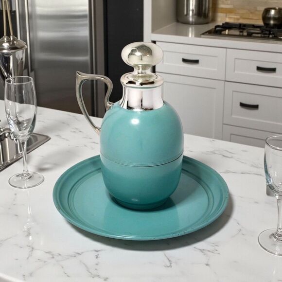 Vintage Manning Bowman Art Deco Turquoise Thermos & Tray w/ Glass Stopper Chrome - Picture 1 of 16